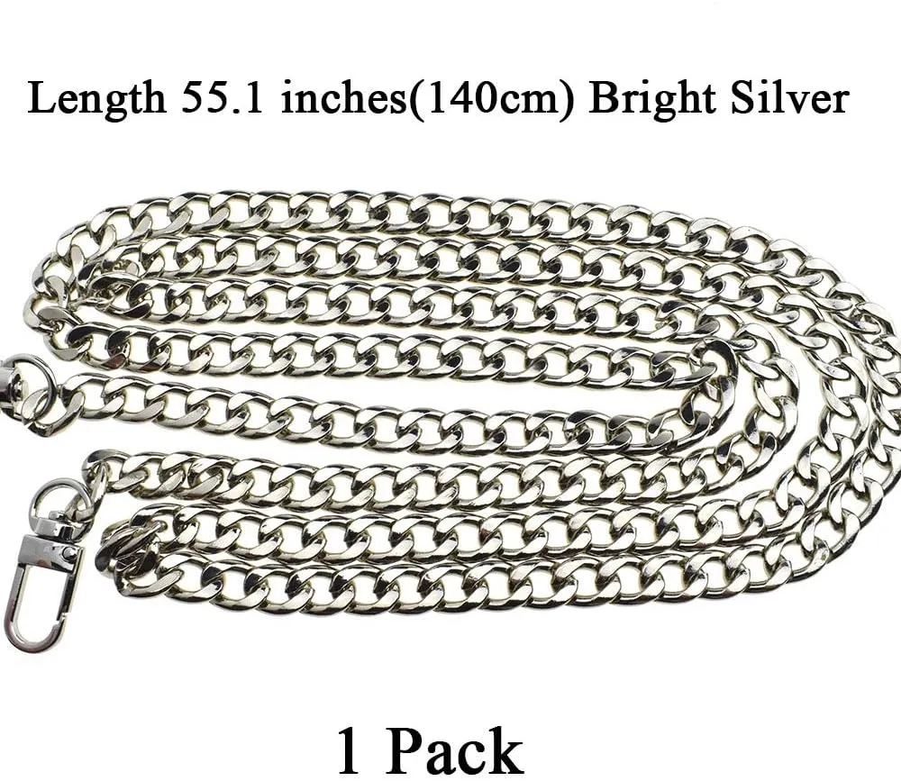 HAHIYO Purse Chain Strap Length 55.1 inches Bright Silver for Shoulder Cross Body Sling Purse Handbag Clutch Replacement Strap Comfortable Flat 0.4” Wide Enough 2.4mm Extra Thick Metal Strap 1 Pack