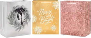Hallmark 13" Large Holiday Gift Bags with Handles (3 Metallic Bags: Gold with Snowflakes, Rose Gold, Silver Wreath) for Christmas, Hanukkah, Weddings,
