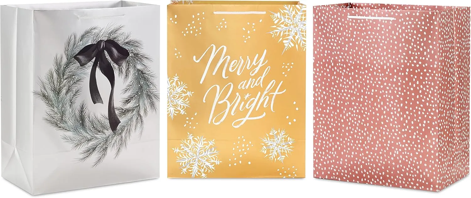 Hallmark 13" Large Holiday Gift Bags with Handles (3 Metallic Bags: Gold with Snowflakes, Rose Gold, Silver Wreath) for Christmas, Hanukkah, Weddings,