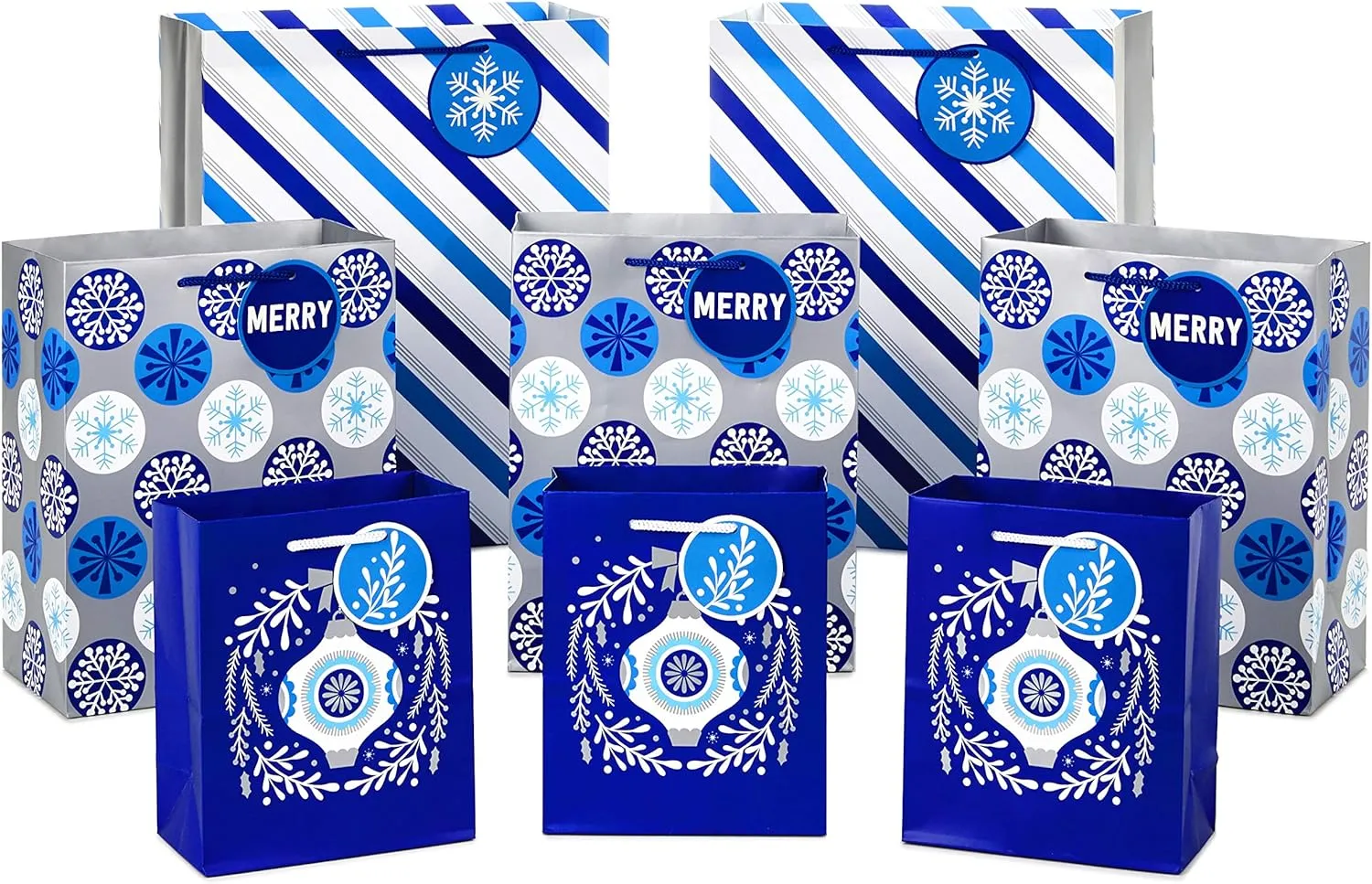 Hallmark Holiday Gift Bag Assortment, Blue and Silver (Pack of 8 Gift Bags; 3 Small 6", 3 Medium 9", 2 Large 13") Ornaments, Snowflakes, Stripes