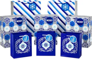 Hallmark Holiday Gift Bag Assortment, Blue and Silver (Pack of 8 Gift Bags; 3 Small 6", 3 Medium 9", 2 Large 13") Ornaments, Snowflakes, Stripes