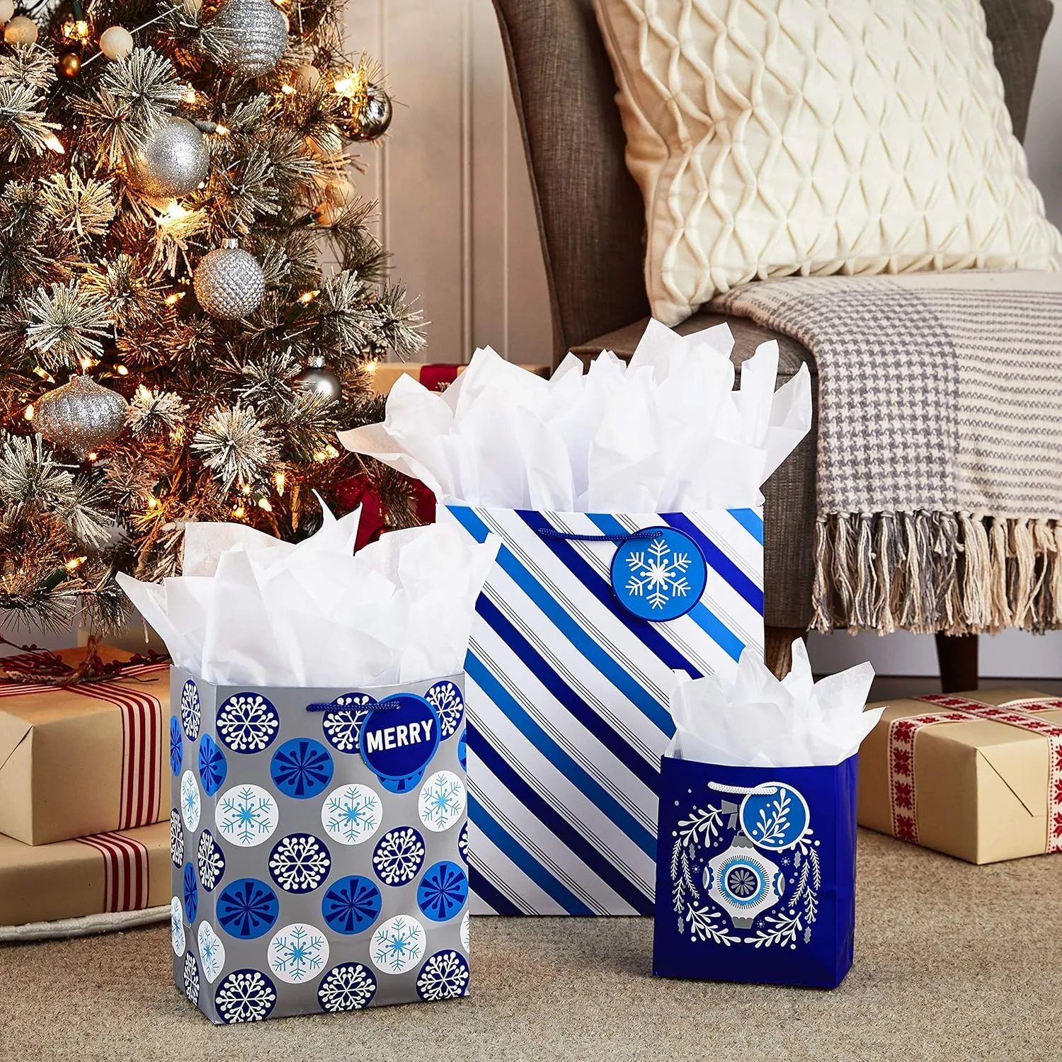 Hallmark Holiday Gift Bag Assortment, Blue and Silver (Pack of 8 Gift Bags; 3 Small 6", 3 Medium 9", 2 Large 13") Ornaments, Snowflakes, Stripes
