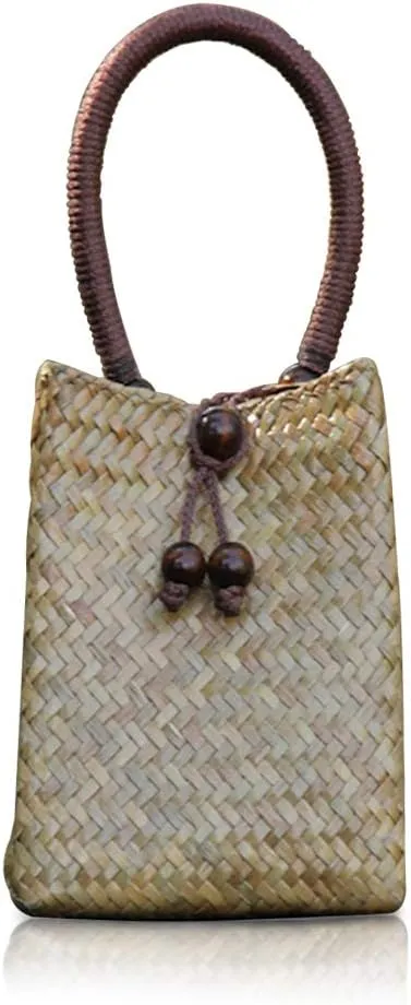 Hand-woven Mini Retro Straw Handbag Bag Summer Beach Boho Rattan Tote Travel Bag with Wood Beaded Tassel Pendant (Beige)
