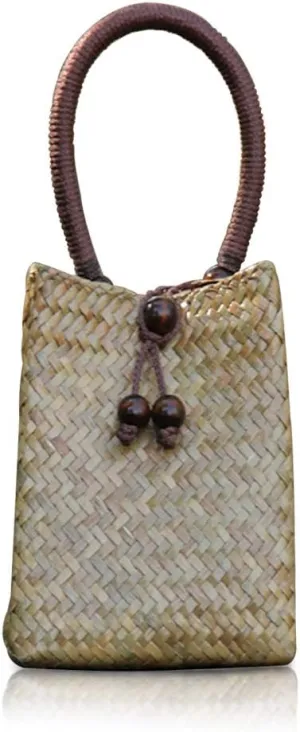 Hand-woven Mini Retro Straw Handbag Bag Summer Beach Boho Rattan Tote Travel Bag with Wood Beaded Tassel Pendant (Beige)