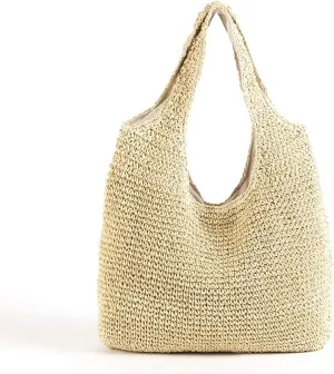Hand-woven Soft Large Straw Shoulder Bag Boho Straw Handle Tote Retro Summer Beach Bag Rattan Handbag (Beige)