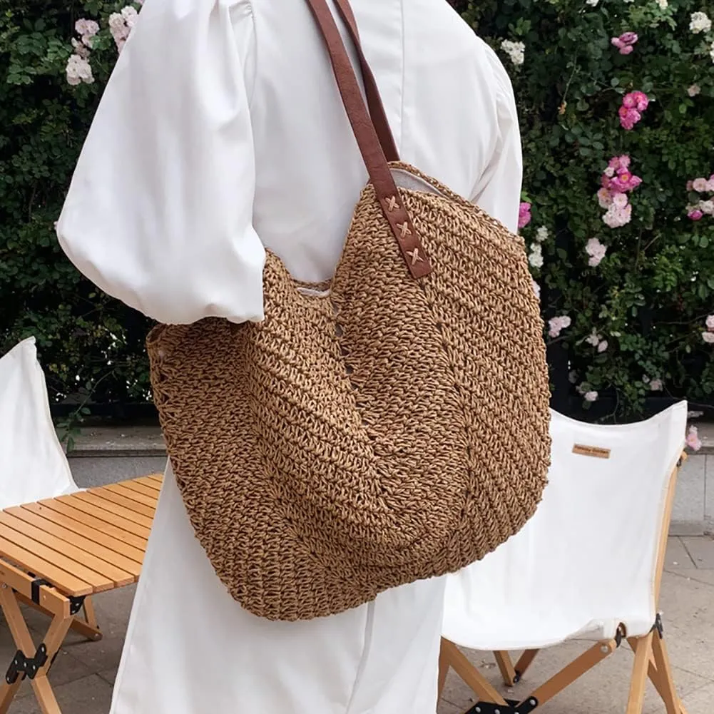 Hand-woven Soft Large Straw Shoulder Bag Retro Boho Tote Bags Summer Beach Bag Rattan Handbag