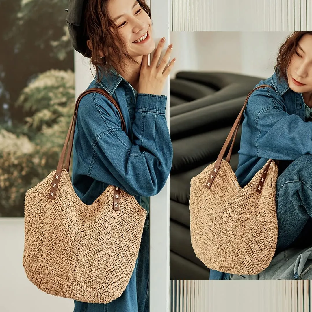Hand-woven Soft Large Straw Shoulder Bag Retro Boho Tote Bags Summer Beach Bag Rattan Handbag