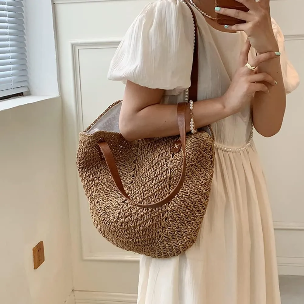 Hand-woven Soft Large Straw Shoulder Bag Retro Boho Tote Bags Summer Beach Bag Rattan Handbag