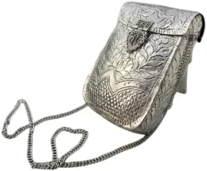 Handcrafted Silver Brass Clutch Purse, Rajasthani Art Work Design, Metal Chain Strap, Wedding Party Pouch