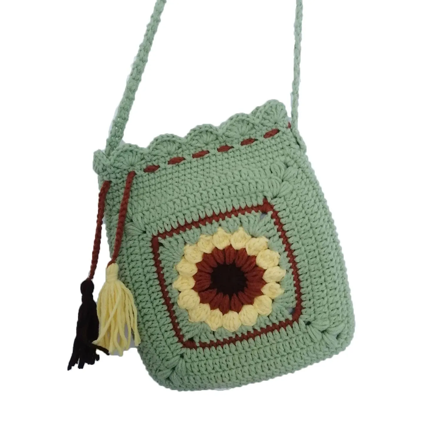 Handmade Knit Granny Square Bag Sunflower Bag Shoulder Bag Crochet Granny Square Bag Crossbody Bag Girls Drawstring Bag