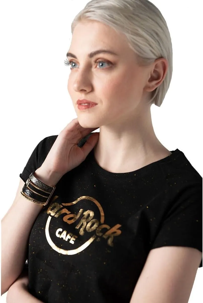 Hard Rock Women's Gold Thread and Foil Logo Tee Black