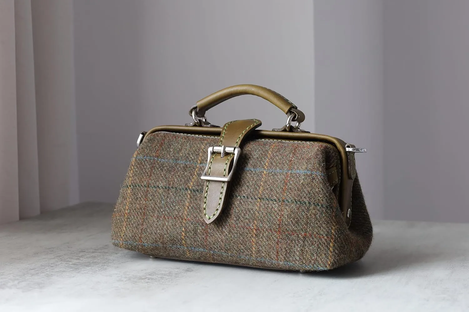 Harris Tweed Lady's Wool Leather Doctor Bag Women Crossbody Bag, Top Handle Bag, Long Strap Purse, Shoulder Bag every day carry (olive)