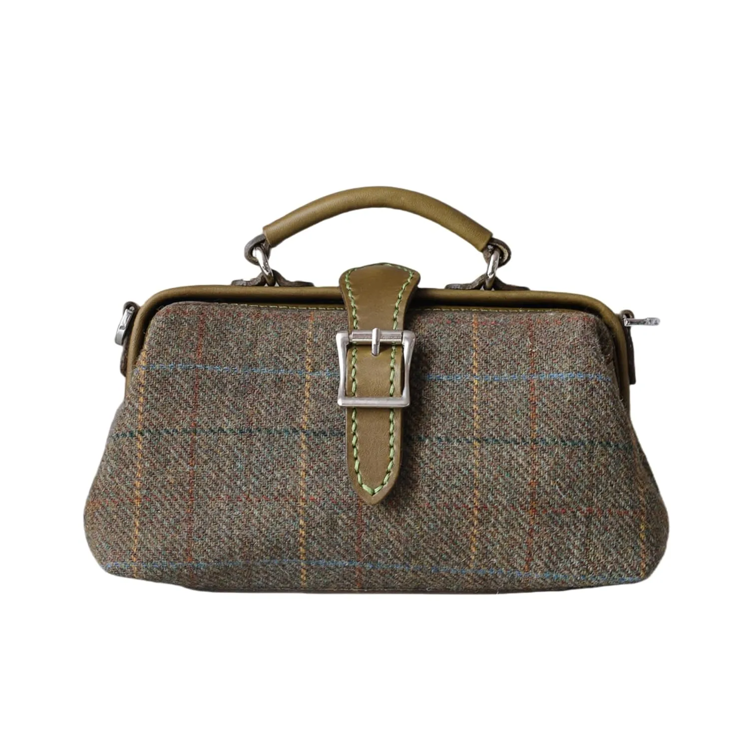 Harris Tweed Lady's Wool Leather Doctor Bag Women Crossbody Bag, Top Handle Bag, Long Strap Purse, Shoulder Bag every day carry (olive)