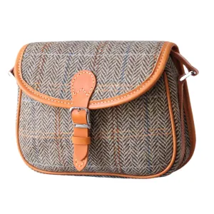 Harris Tweed Lady's Wool Leather Saddle Bag Women Crossbody Bag, Long Strap Purse, Shoulder Bag every day carry (honey)