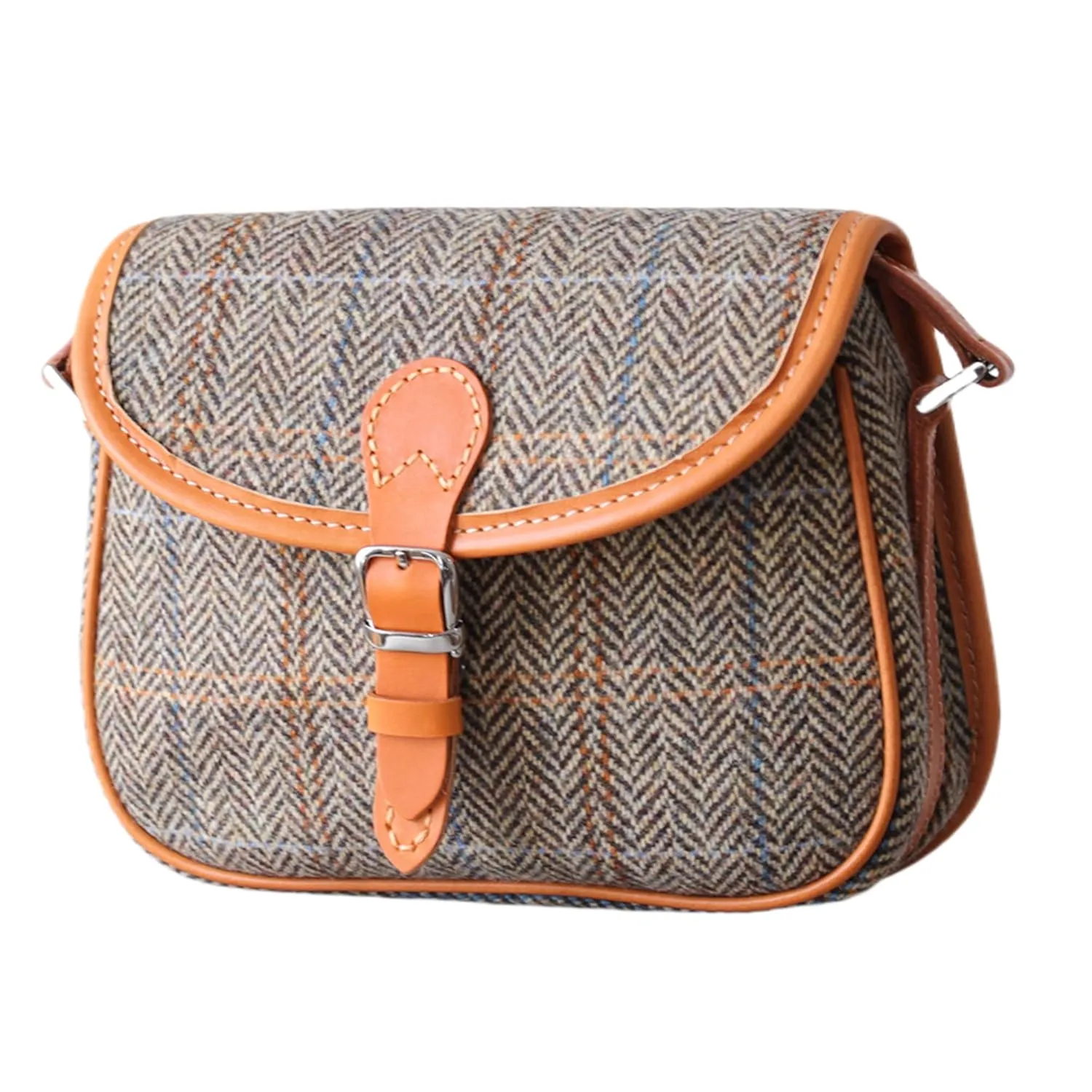 Harris Tweed Lady's Wool Leather Saddle Bag Women Crossbody Bag, Long Strap Purse, Shoulder Bag every day carry (honey)