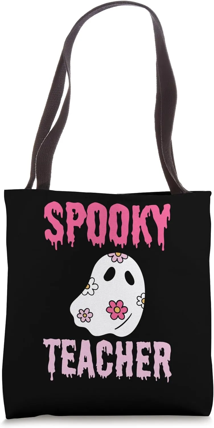 Haunted Spooky Teacher Halloween Flower Retro Ghost Tote Bag