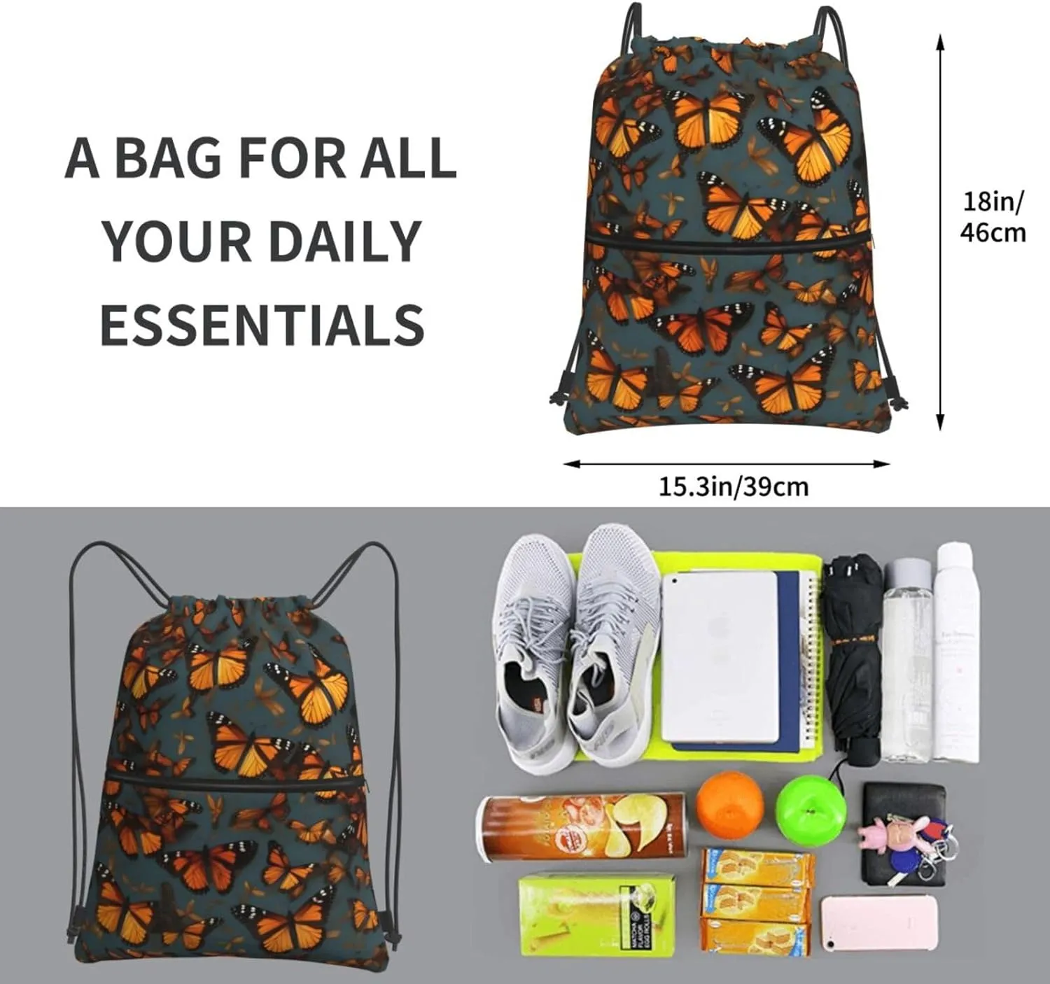 Heaps Of Orange Monarch Butterflies Drawstring Backpack String Cinch Bag For Fitness Workout, Daily Commute, Travel