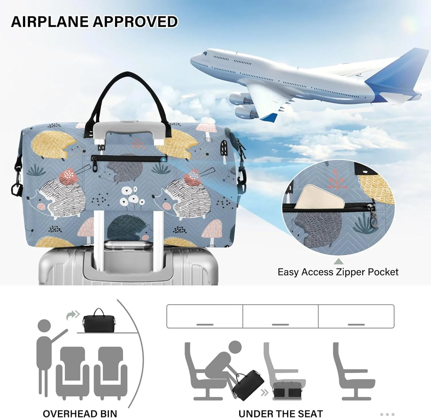 Hedgehogs Mushrooms Creative Travel Duffel Bags Cosmetic Bags Set, Floral Animal Gym Bag Small Carry on Bags for Airplanes