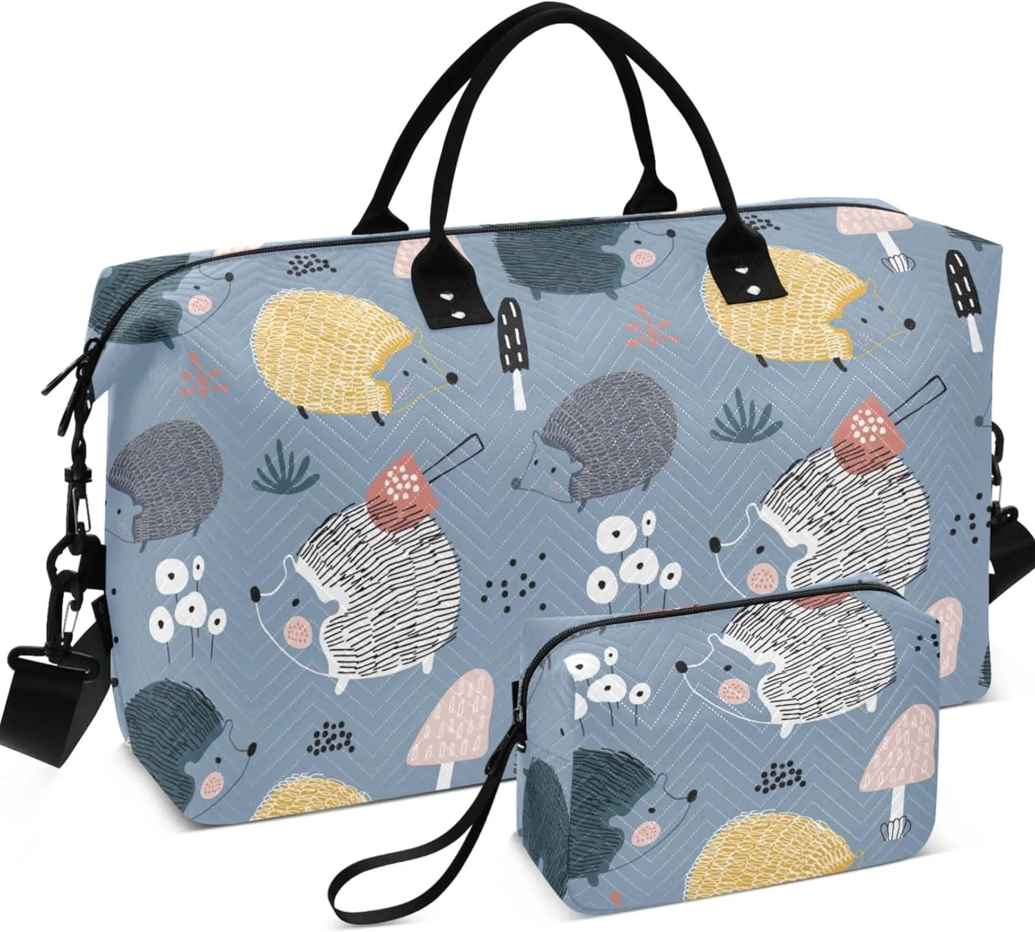 Hedgehogs Mushrooms Creative Travel Duffel Bags Cosmetic Bags Set, Floral Animal Gym Bag Small Carry on Bags for Airplanes