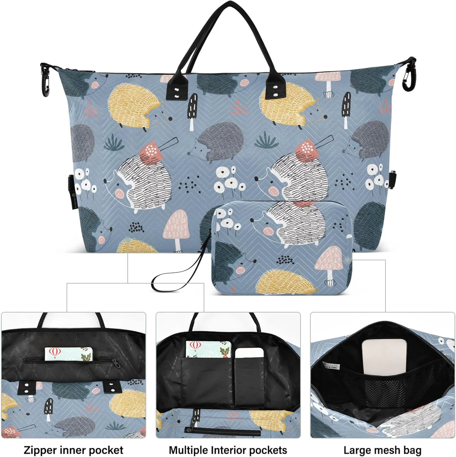 Hedgehogs Mushrooms Creative Travel Duffel Bags Cosmetic Bags Set, Floral Animal Gym Bag Small Carry on Bags for Airplanes