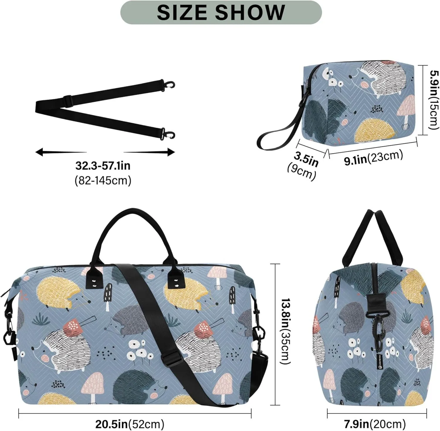 Hedgehogs Mushrooms Creative Travel Duffel Bags Cosmetic Bags Set, Floral Animal Gym Bag Small Carry on Bags for Airplanes