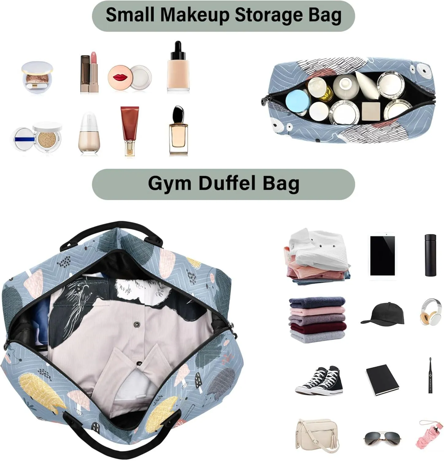 Hedgehogs Mushrooms Creative Travel Duffel Bags Cosmetic Bags Set, Floral Animal Gym Bag Small Carry on Bags for Airplanes