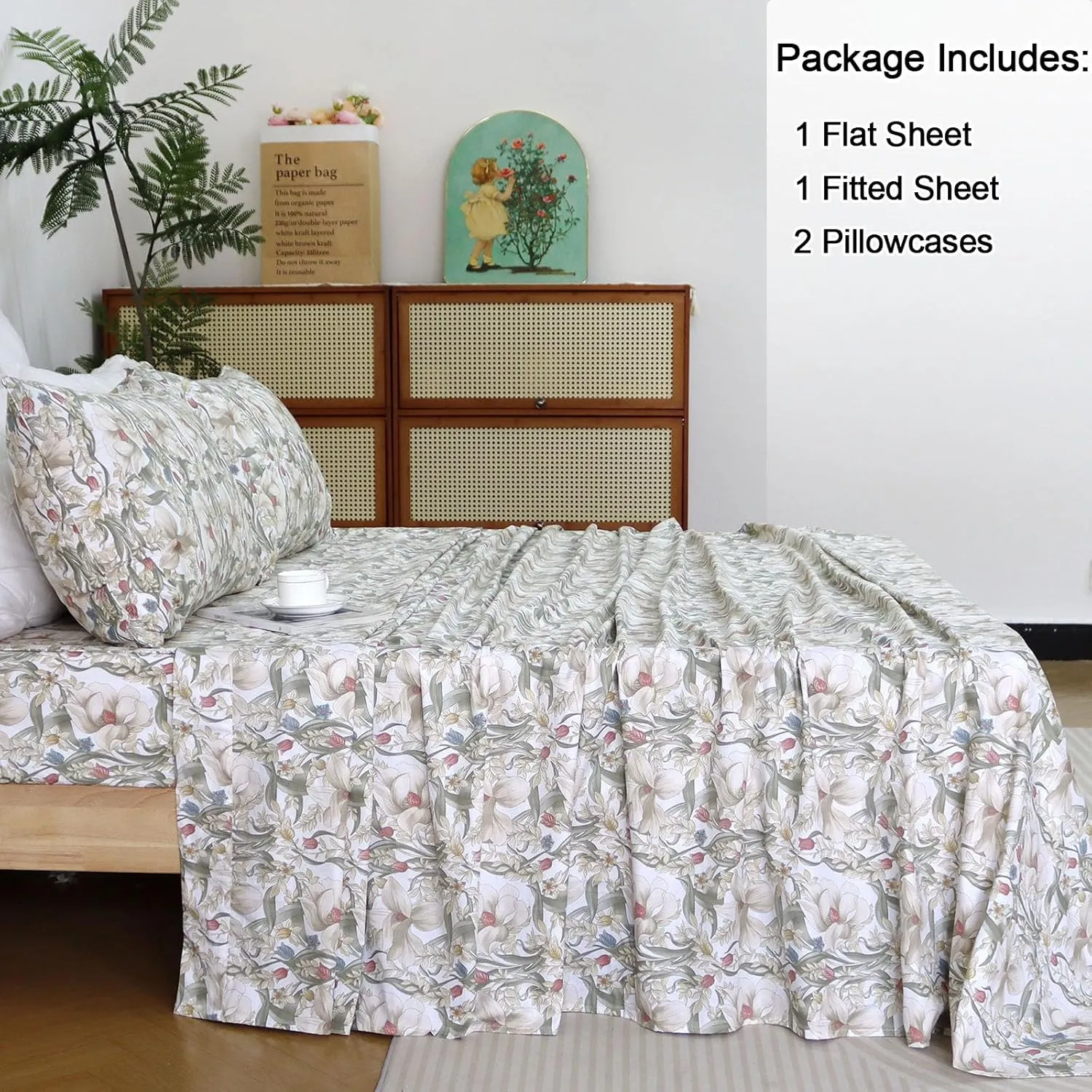 Helthep Floral Sheet Set Full, 100% Cotton Red Rose Printed Sheet White Boho Flower Pattern Sheets with 17.5" Deep Pocket, 4Pcs Botanical Luxury Percale Vintage Shabby Bedding Set for Full
