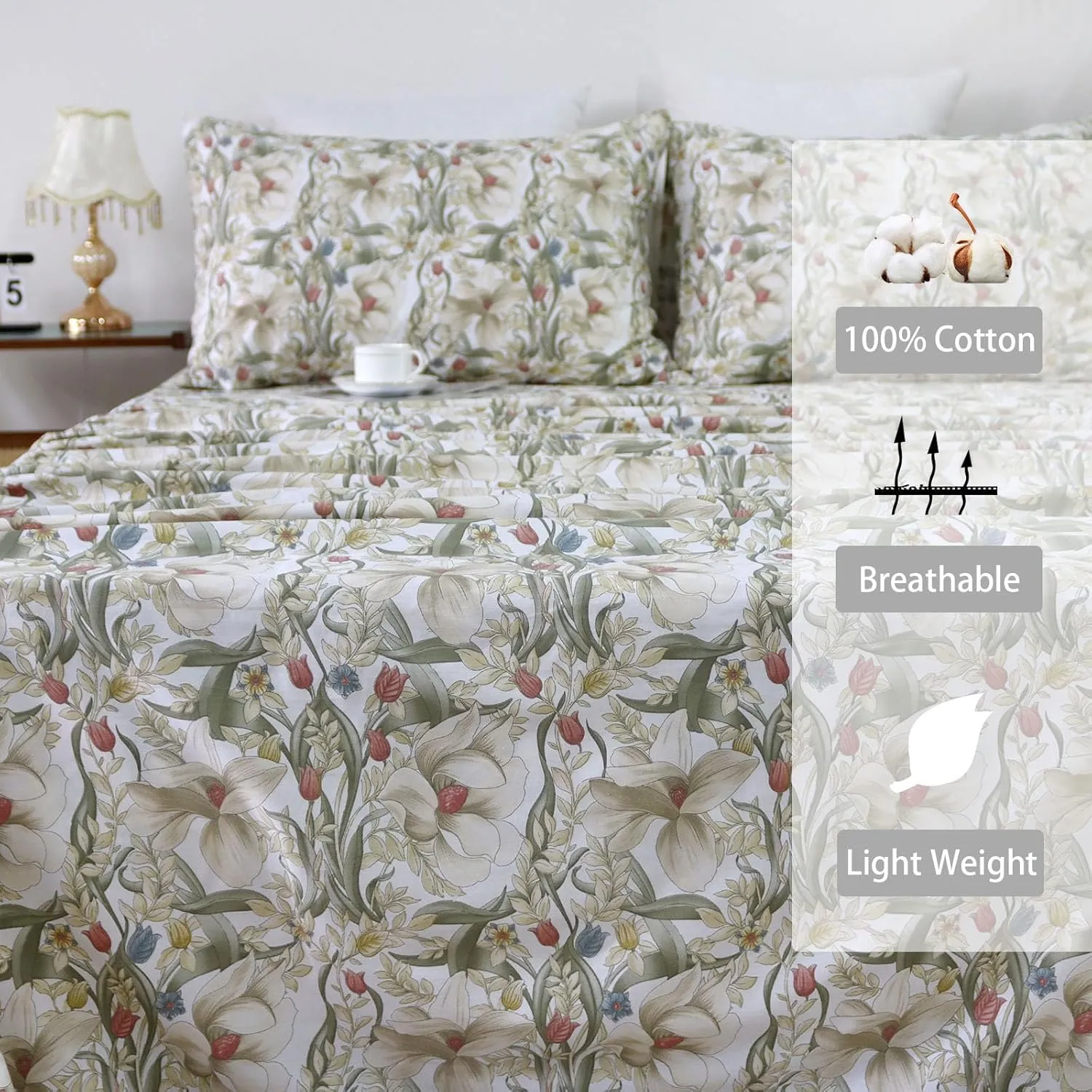 Helthep Floral Sheet Set Full, 100% Cotton Red Rose Printed Sheet White Boho Flower Pattern Sheets with 17.5" Deep Pocket, 4Pcs Botanical Luxury Percale Vintage Shabby Bedding Set for Full