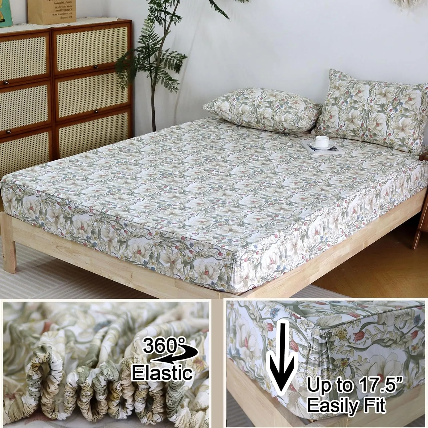 Helthep Floral Sheet Set Full, 100% Cotton Red Rose Printed Sheet White Boho Flower Pattern Sheets with 17.5" Deep Pocket, 4Pcs Botanical Luxury Percale Vintage Shabby Bedding Set for Full