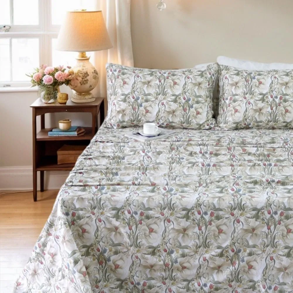 Helthep Floral Sheet Set Full, 100% Cotton Red Rose Printed Sheet White Boho Flower Pattern Sheets with 17.5" Deep Pocket, 4Pcs Botanical Luxury Percale Vintage Shabby Bedding Set for Full