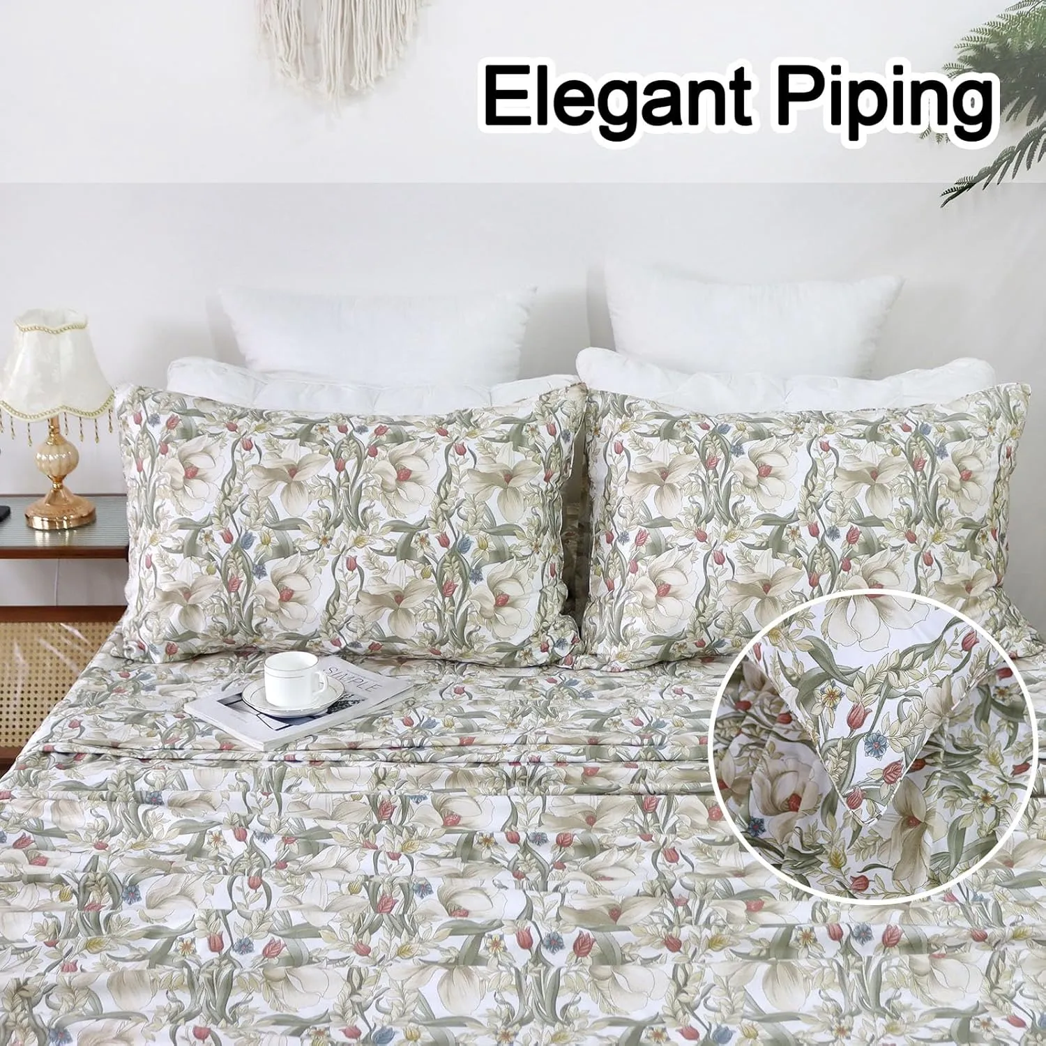 Helthep Floral Sheet Set Full, 100% Cotton Red Rose Printed Sheet White Boho Flower Pattern Sheets with 17.5" Deep Pocket, 4Pcs Botanical Luxury Percale Vintage Shabby Bedding Set for Full