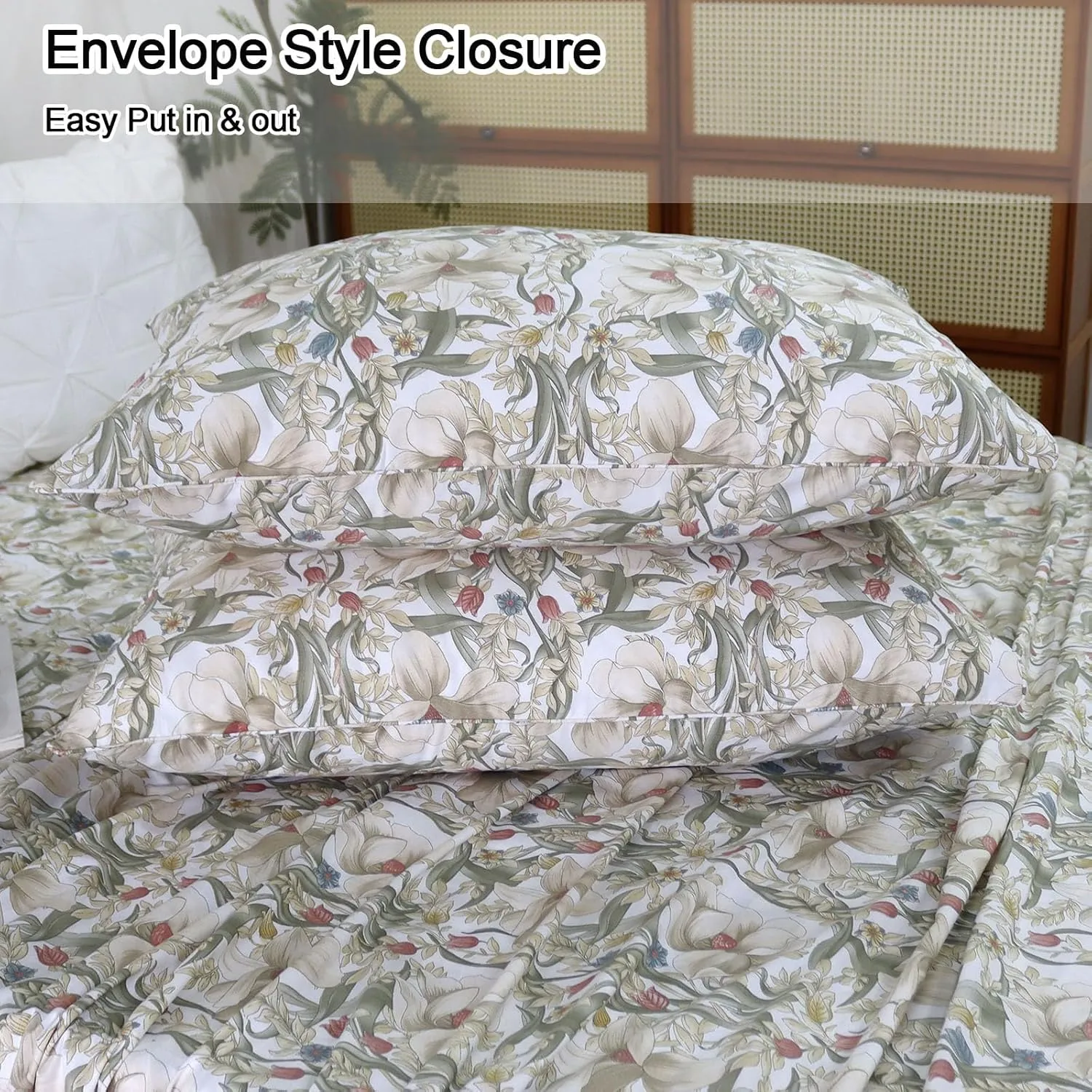 Helthep Floral Sheet Set Full, 100% Cotton Red Rose Printed Sheet White Boho Flower Pattern Sheets with 17.5" Deep Pocket, 4Pcs Botanical Luxury Percale Vintage Shabby Bedding Set for Full