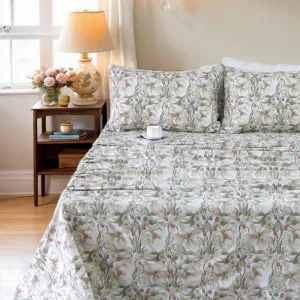 Helthep Floral Sheet Set Full, 100% Cotton Red Rose Printed Sheet White Boho Flower Pattern Sheets with 17.5" Deep Pocket, 4Pcs Botanical Luxury Percale Vintage Shabby Bedding Set for Full