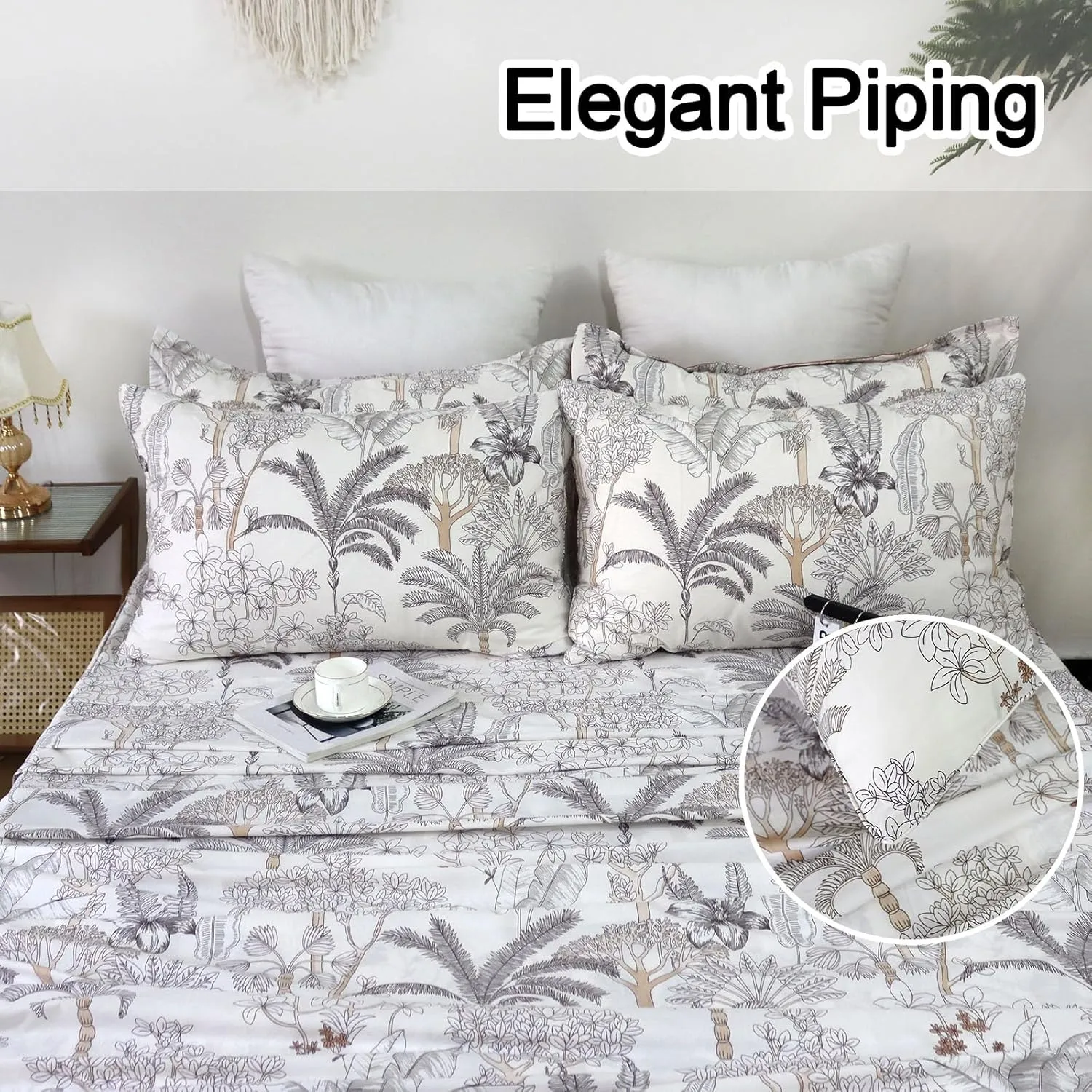 Helthep Floral Sheet Set Twin, 100% Cotton Tropical Leaves Patterned Sheet Botanical Shabby Coconut Tree Printed Sheets with 17.5" Deep Pocket, 4Pcs Luxury Coastal Sheet for Summer