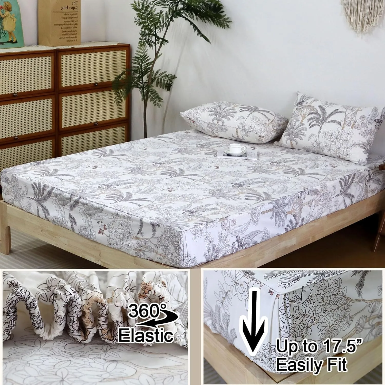 Helthep Floral Sheet Set Twin, 100% Cotton Tropical Leaves Patterned Sheet Botanical Shabby Coconut Tree Printed Sheets with 17.5" Deep Pocket, 4Pcs Luxury Coastal Sheet for Summer