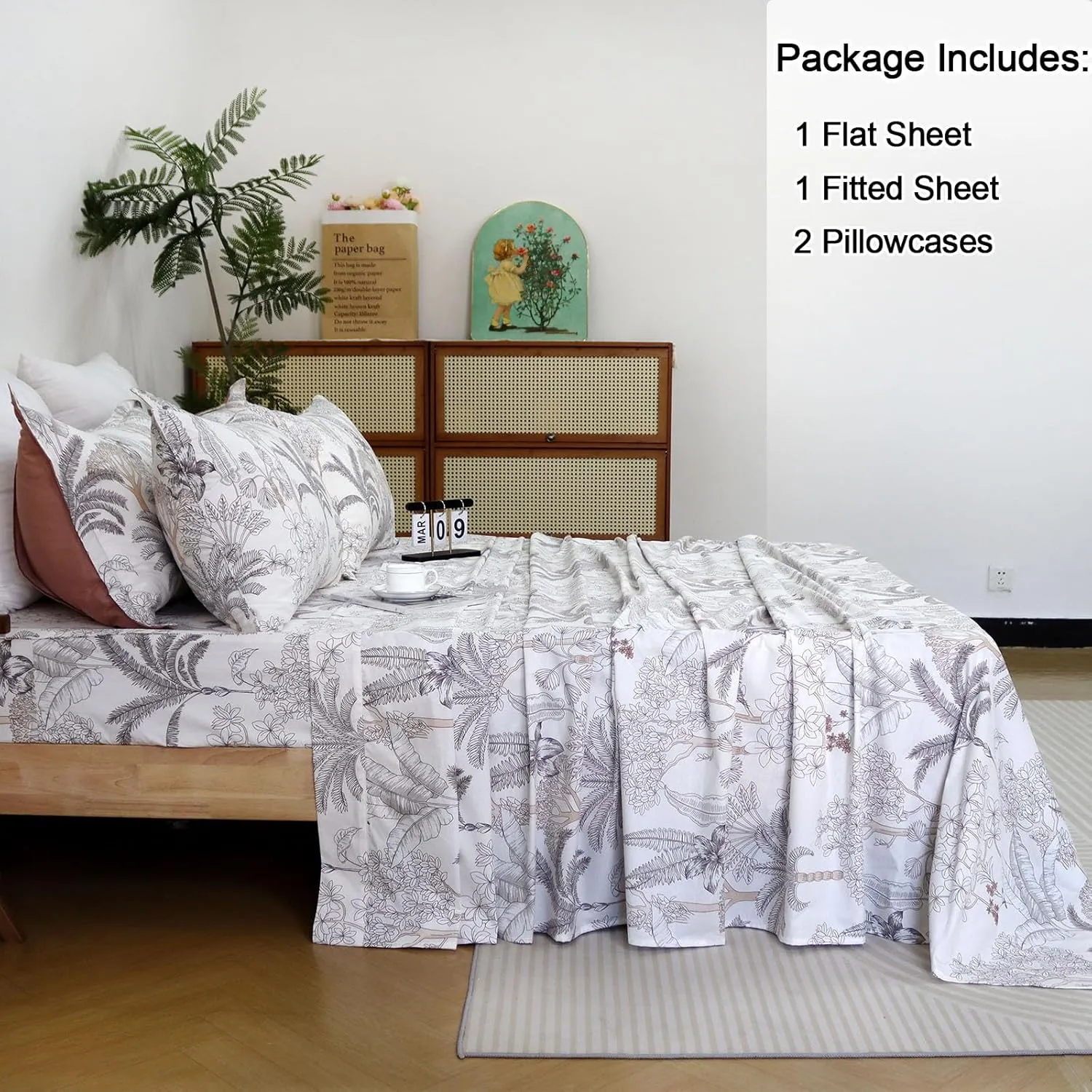 Helthep Floral Sheet Set Twin, 100% Cotton Tropical Leaves Patterned Sheet Botanical Shabby Coconut Tree Printed Sheets with 17.5" Deep Pocket, 4Pcs Luxury Coastal Sheet for Summer