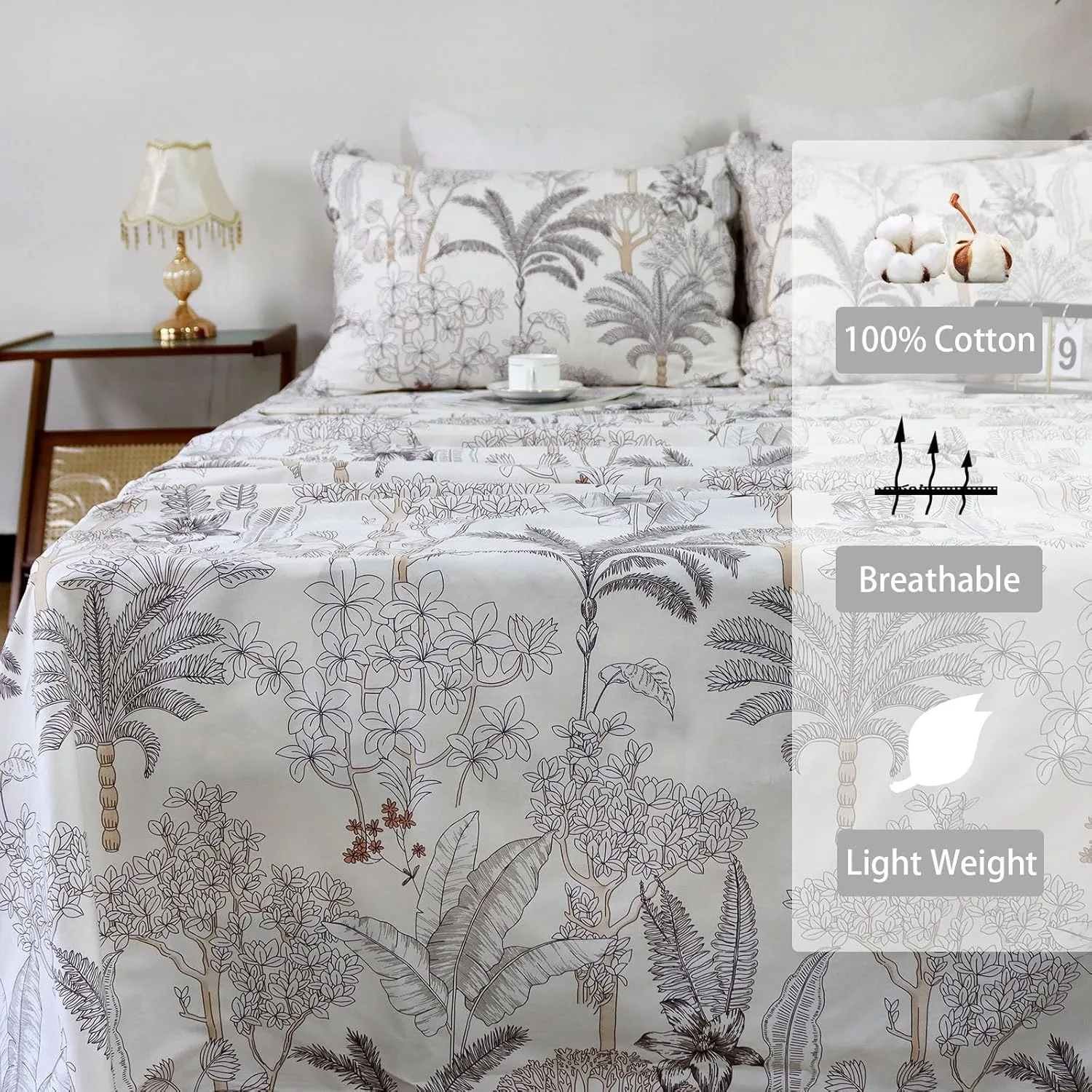 Helthep Floral Sheet Set Twin, 100% Cotton Tropical Leaves Patterned Sheet Botanical Shabby Coconut Tree Printed Sheets with 17.5" Deep Pocket, 4Pcs Luxury Coastal Sheet for Summer