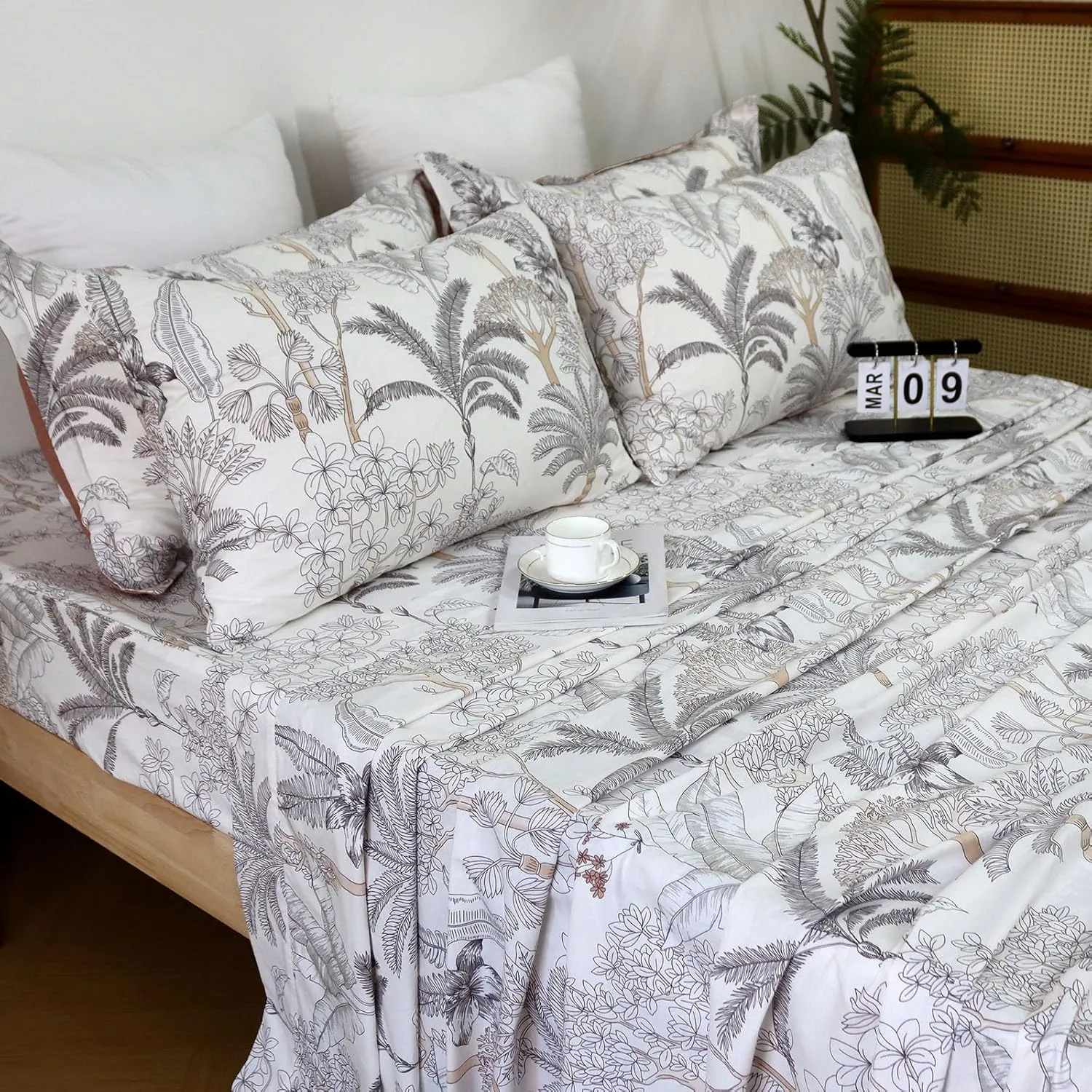 Helthep Floral Sheet Set Twin, 100% Cotton Tropical Leaves Patterned Sheet Botanical Shabby Coconut Tree Printed Sheets with 17.5" Deep Pocket, 4Pcs Luxury Coastal Sheet for Summer