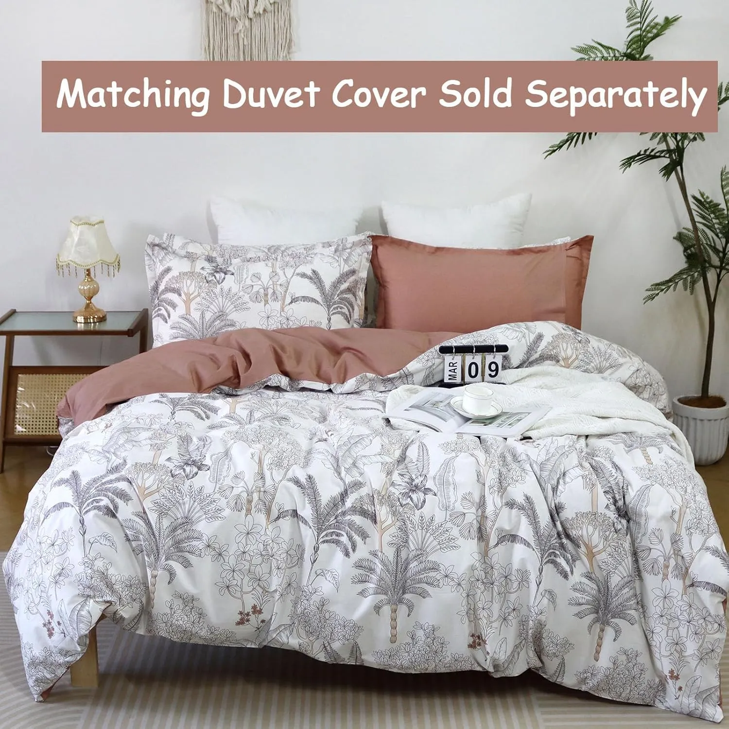 Helthep Floral Sheet Set Twin, 100% Cotton Tropical Leaves Patterned Sheet Botanical Shabby Coconut Tree Printed Sheets with 17.5" Deep Pocket, 4Pcs Luxury Coastal Sheet for Summer