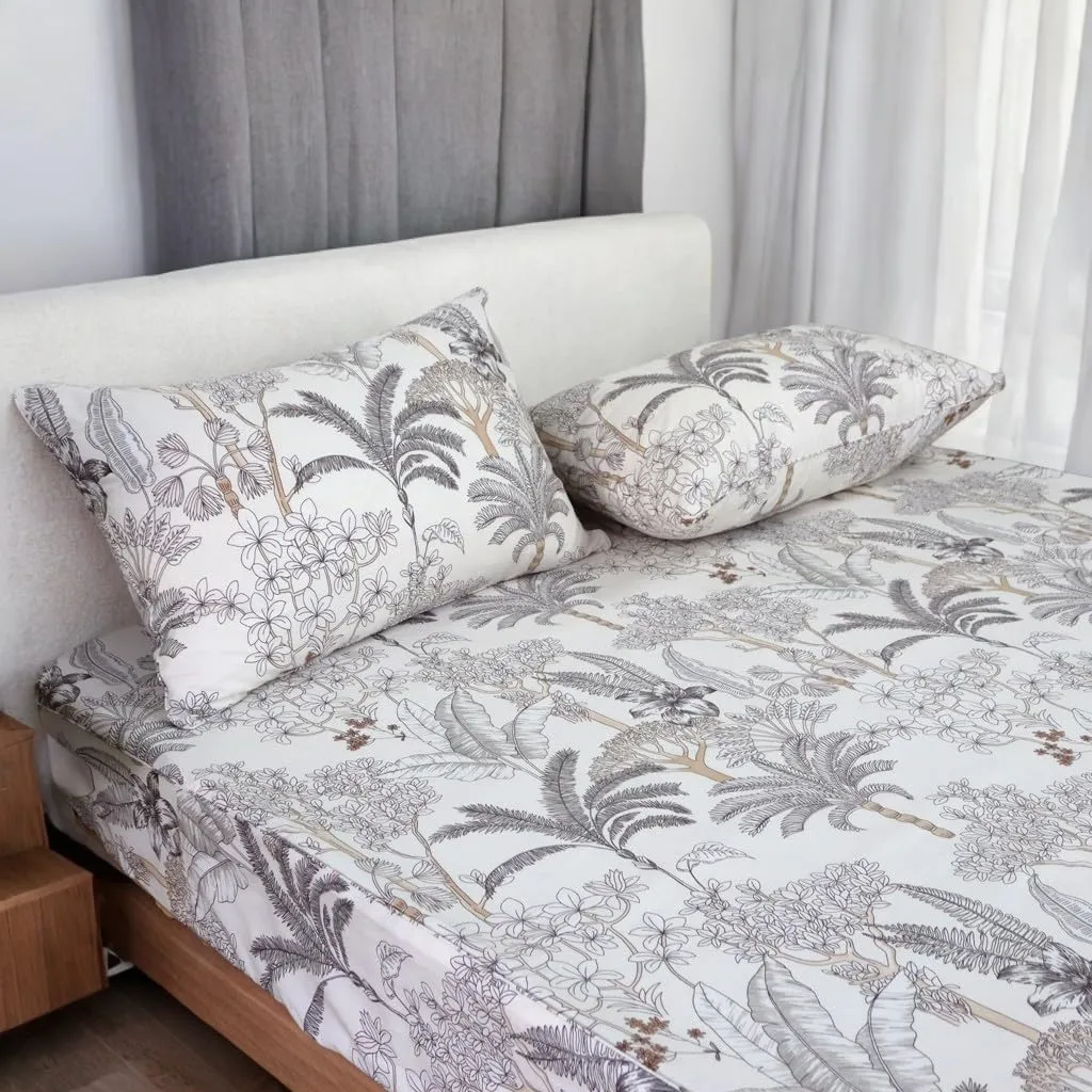 Helthep Floral Sheet Set Twin, 100% Cotton Tropical Leaves Patterned Sheet Botanical Shabby Coconut Tree Printed Sheets with 17.5" Deep Pocket, 4Pcs Luxury Coastal Sheet for Summer