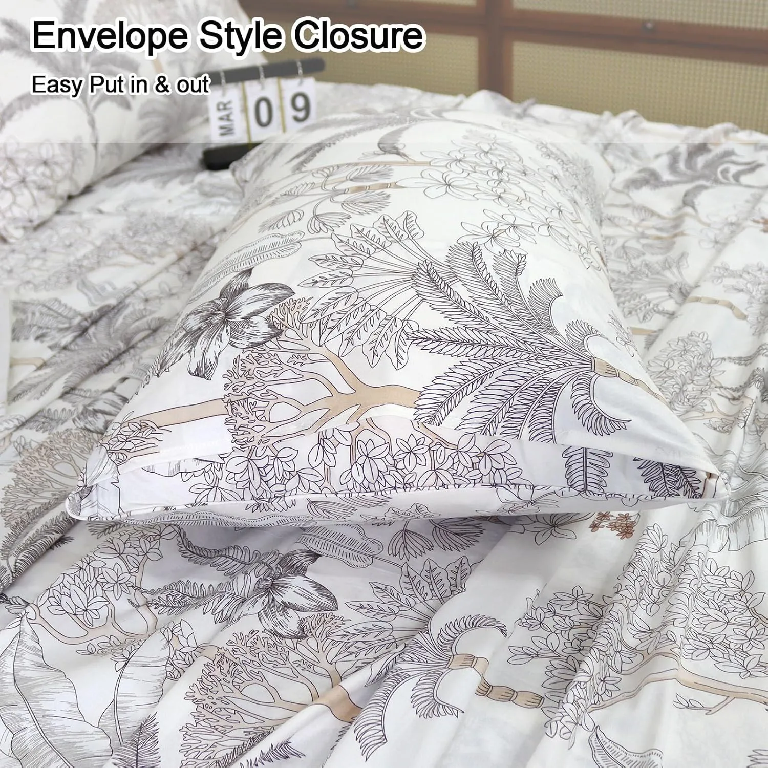 Helthep Floral Sheet Set Twin, 100% Cotton Tropical Leaves Patterned Sheet Botanical Shabby Coconut Tree Printed Sheets with 17.5" Deep Pocket, 4Pcs Luxury Coastal Sheet for Summer