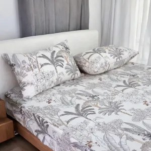 Helthep Floral Sheet Set Twin, 100% Cotton Tropical Leaves Patterned Sheet Botanical Shabby Coconut Tree Printed Sheets with 17.5" Deep Pocket, 4Pcs Luxury Coastal Sheet for Summer