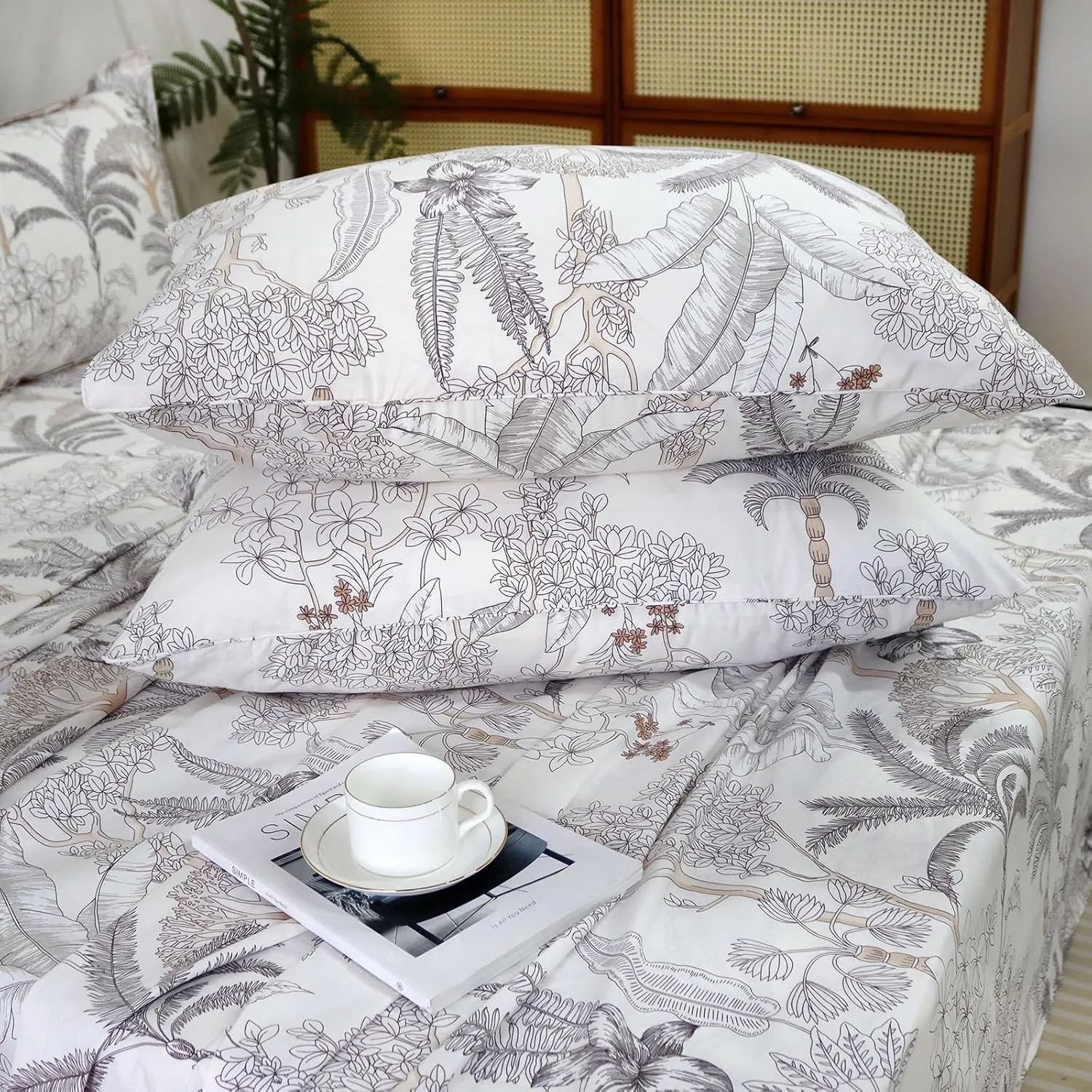 Helthep Floral Sheet Set Twin, 100% Cotton Tropical Leaves Patterned Sheet Botanical Shabby Coconut Tree Printed Sheets with 17.5" Deep Pocket, 4Pcs Luxury Coastal Sheet for Summer