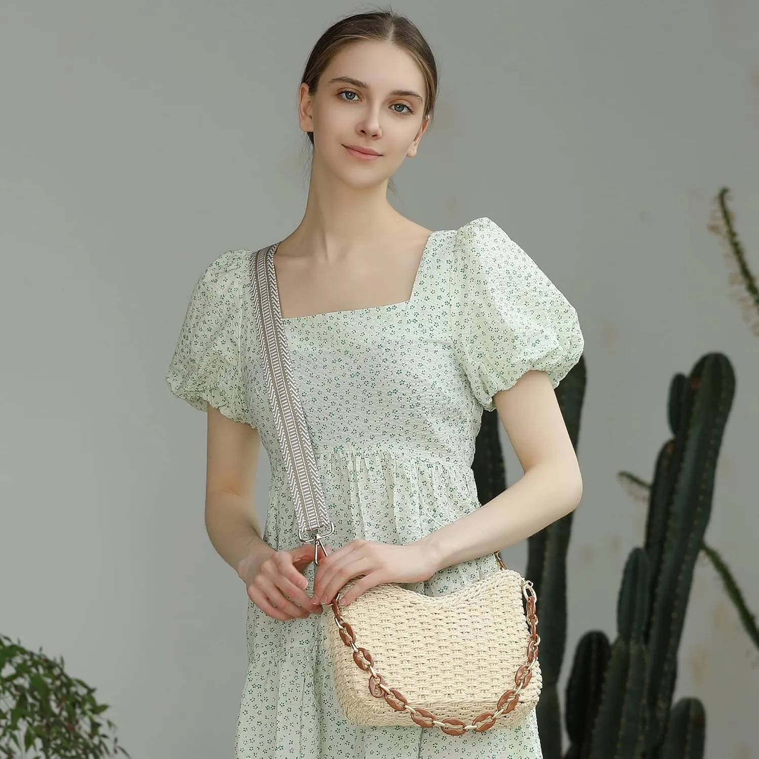 Herald Small Handmade Straw Pocketbook Crossbody Bag for Women, Summer Chic Woven Handbag Shoulder Purse with Chain