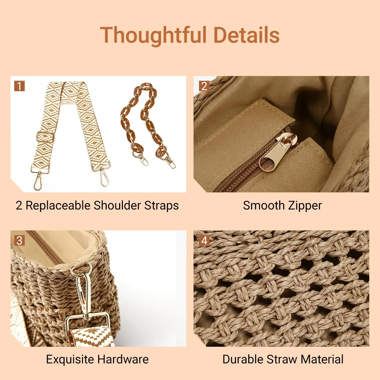 Herald Small Handmade Straw Pocketbook Crossbody Bag for Women, Summer Chic Woven Handbag Shoulder Purse with Chain