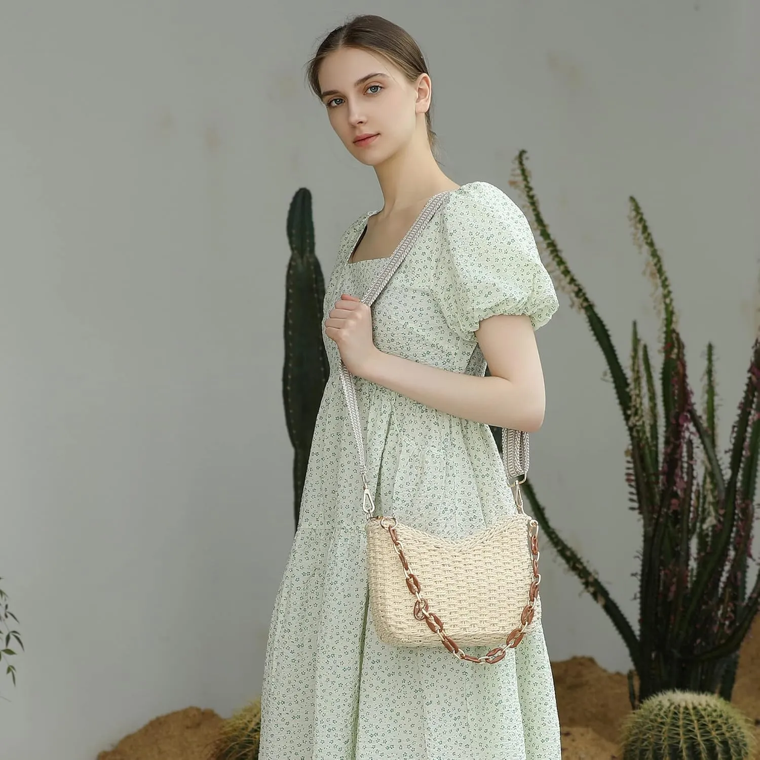 Herald Small Handmade Straw Pocketbook Crossbody Bag for Women, Summer Chic Woven Handbag Shoulder Purse with Chain