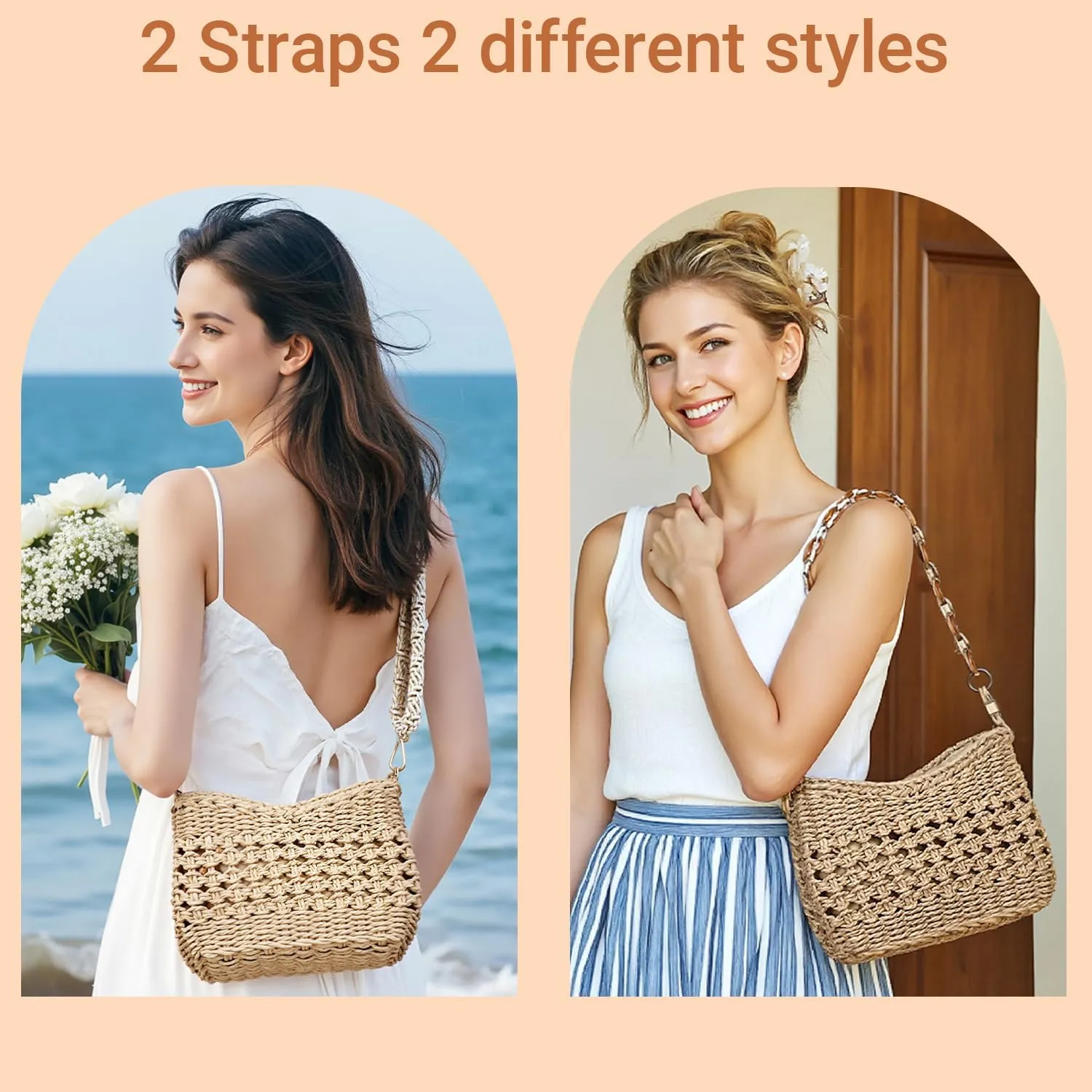 Herald Small Handmade Straw Pocketbook Crossbody Bag for Women, Summer Chic Woven Handbag Shoulder Purse with Chain