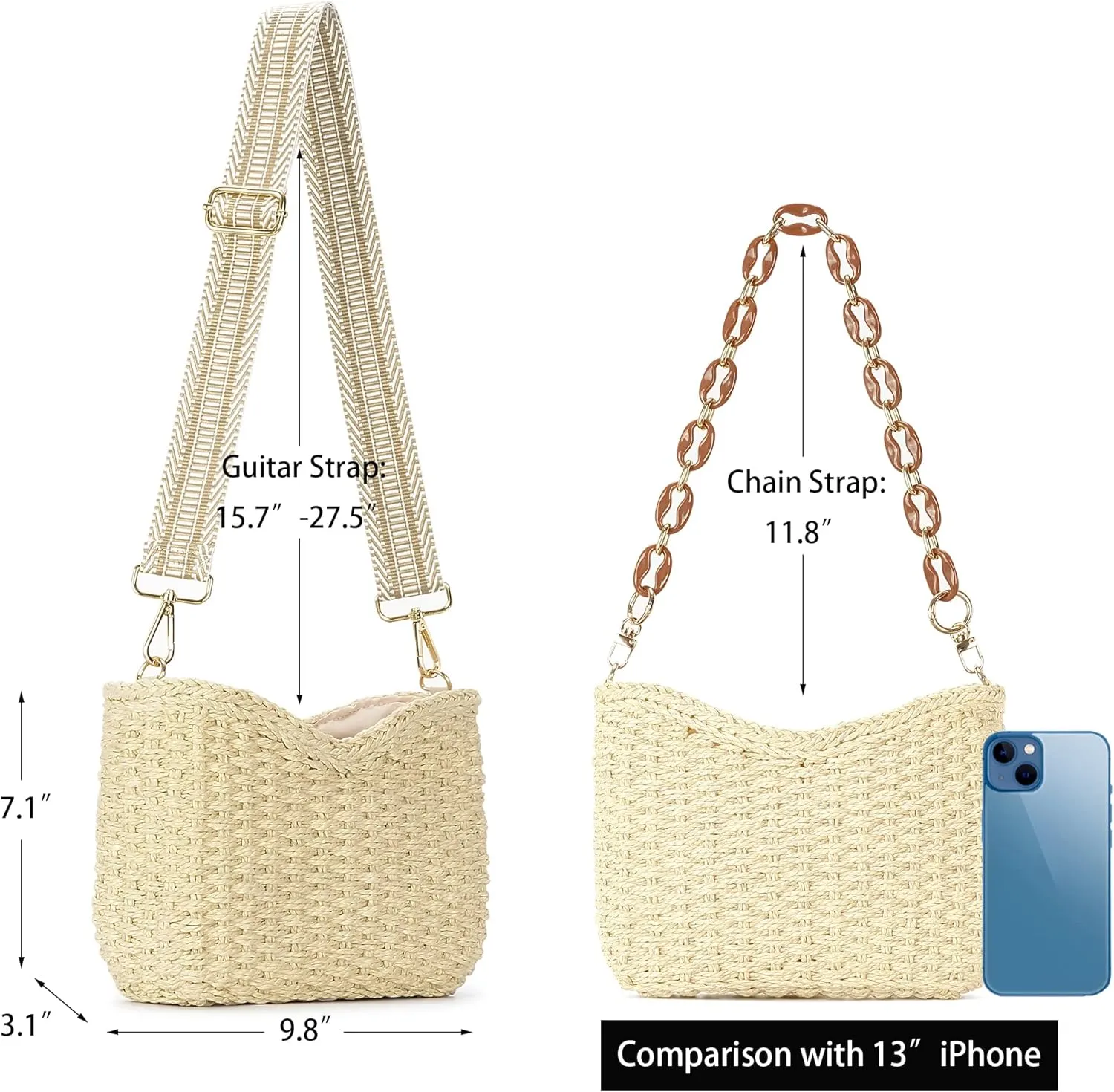 Herald Small Handmade Straw Pocketbook Crossbody Bag for Women, Summer Chic Woven Handbag Shoulder Purse with Chain