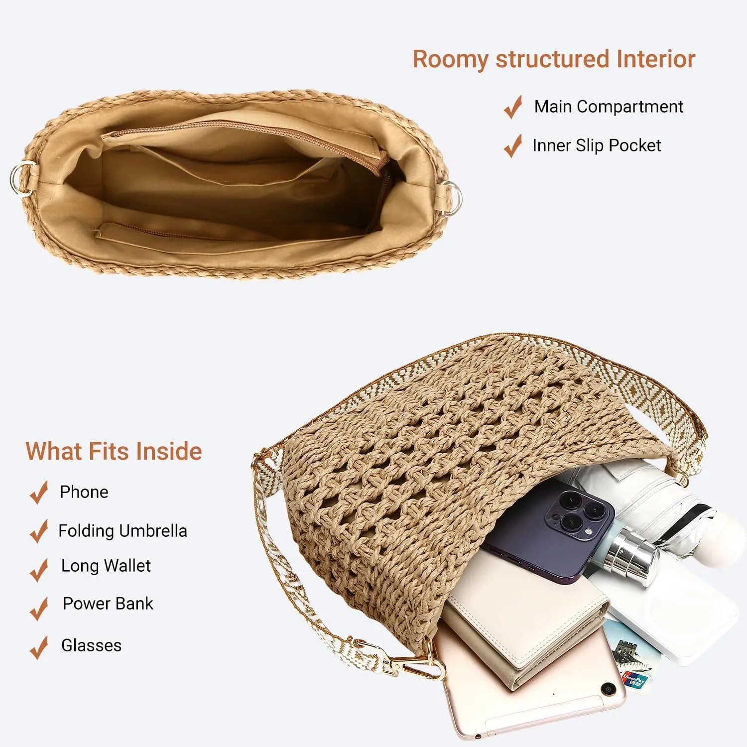 Herald Small Handmade Straw Pocketbook Crossbody Bag for Women, Summer Chic Woven Handbag Shoulder Purse with Chain