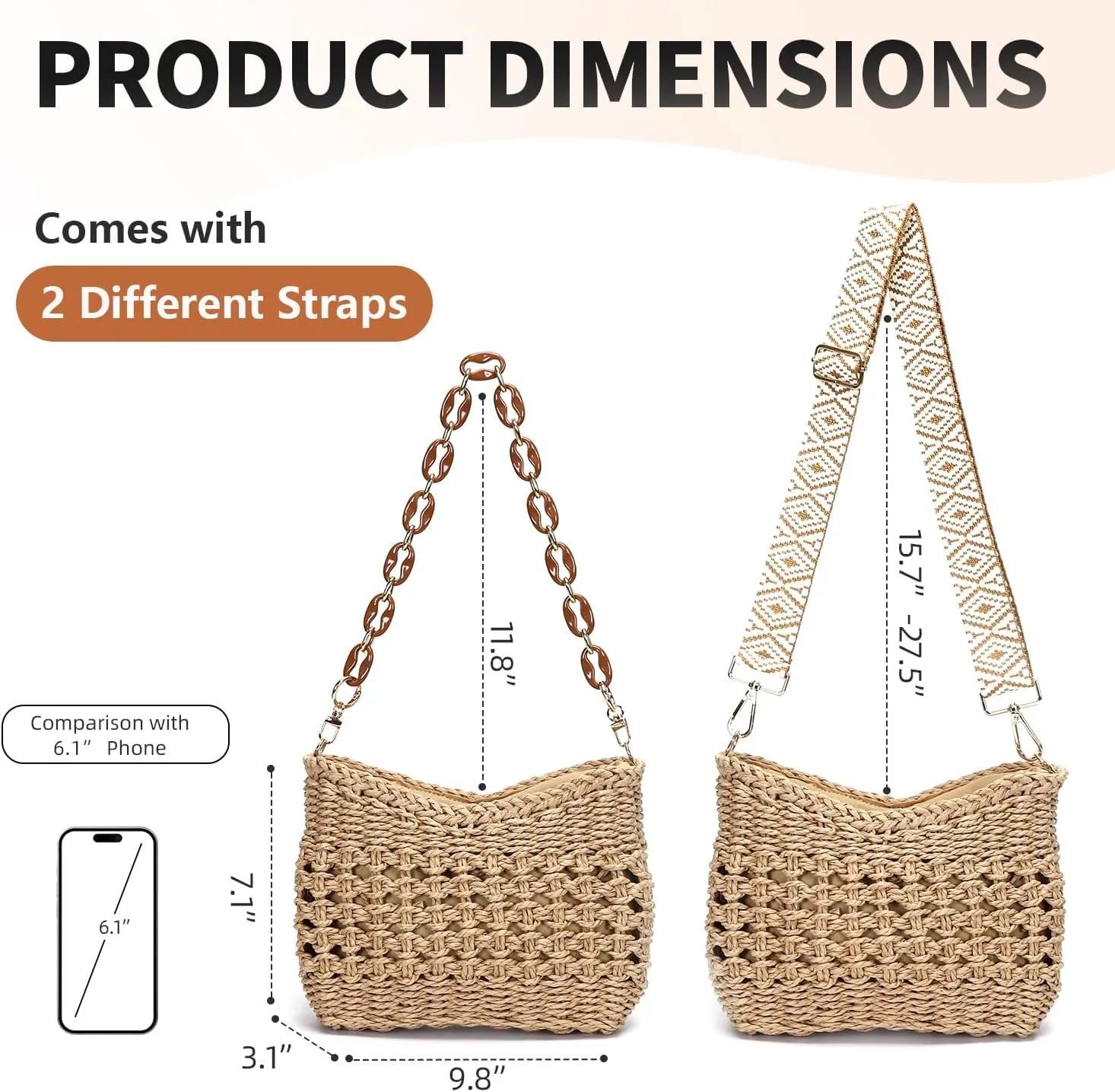 Herald Small Handmade Straw Pocketbook Crossbody Bag for Women, Summer Chic Woven Handbag Shoulder Purse with Chain